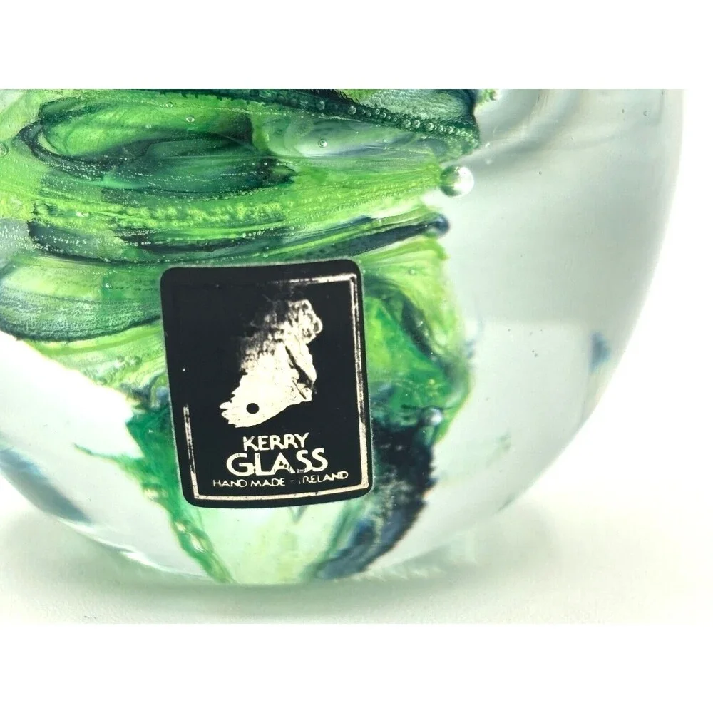 Kerry Glass Art Blown Glass Paperweight Owl‎ Green Swirl Hand Made in Ireland